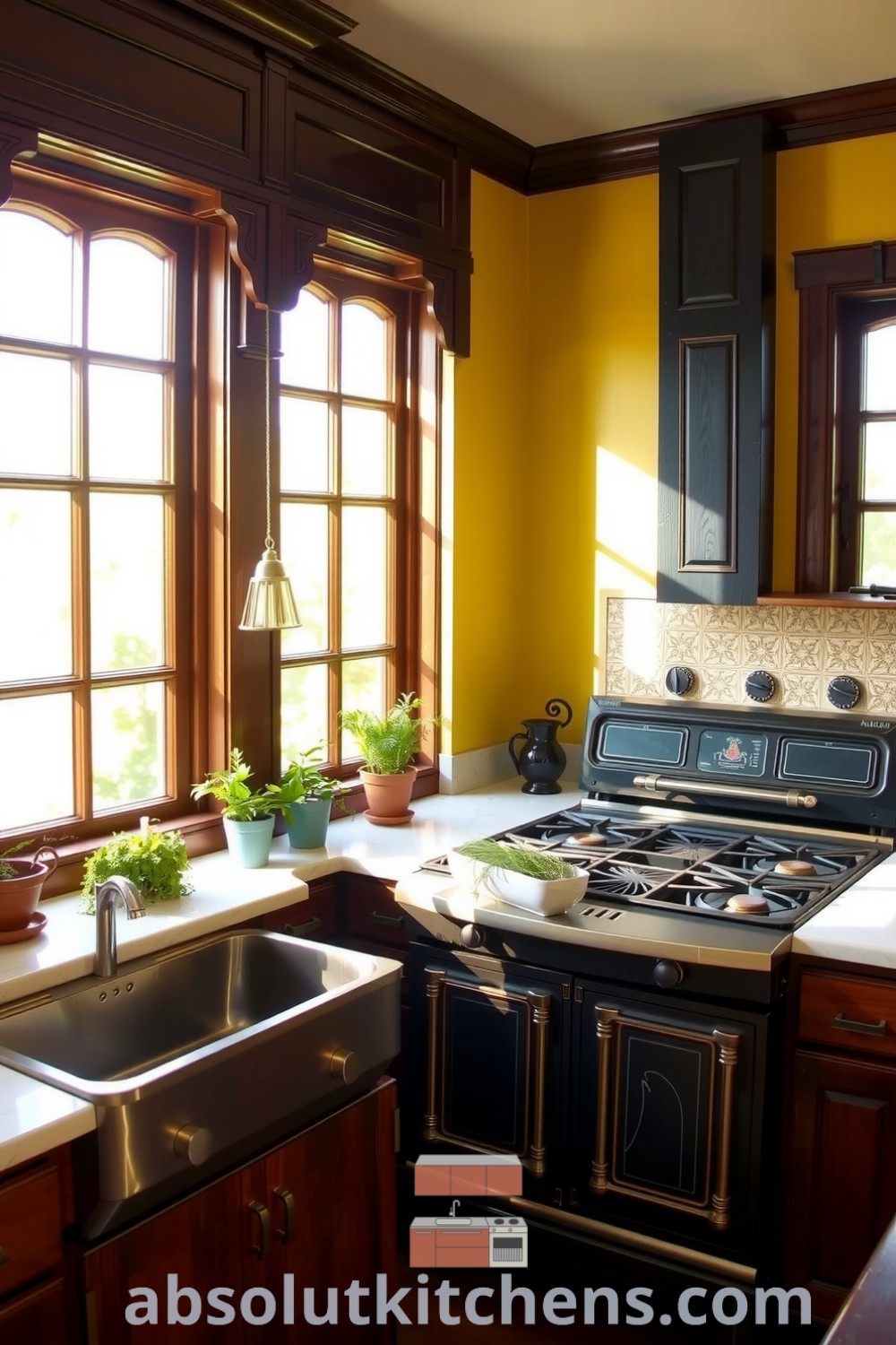 Cozy Victorian kitchen featuring sunlight filtering through tall windows, rich wooden cabinets, polished marble countertops, a cast-iron stove, and fresh herbs on the windowsill, providing inspiring decor ideas for your home at absolutkitchens.com.