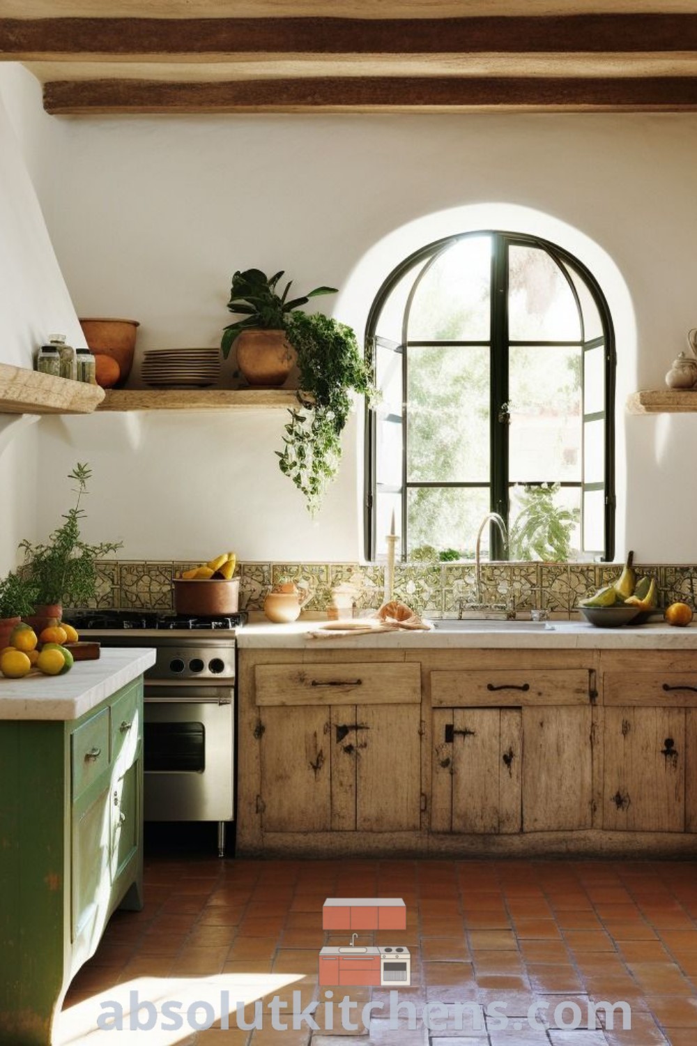 A clean, inviting Mediterranean kitchen featuring terracotta floors, showcasing a mix of ancient kitchen design, Mexican aesthetic, and farmhouse vernacular style. This inspiring space from absolutkitchens.com highlights cozy decor ideas perfect for homes or apartments, emphasizing a functional yet beautiful kitchen environment.