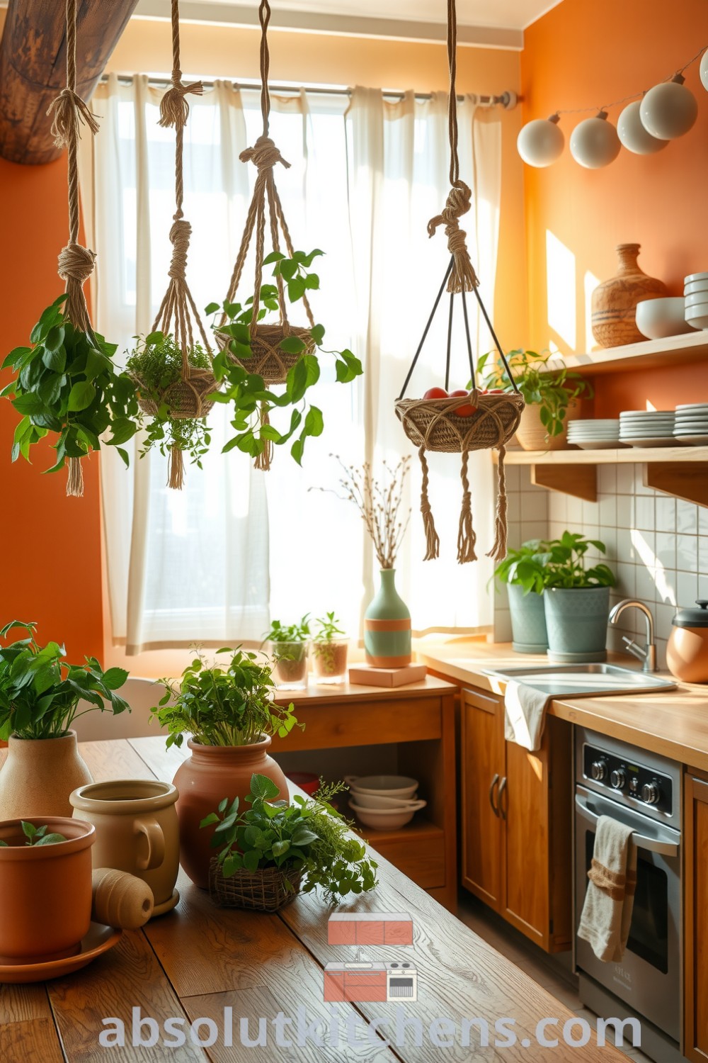 Cozy bohemian kitchen with earthy orange walls, textured clay pots, and vibrant fruits on rustic wooden countertops, featuring hanging macramé planters and a warm, inviting atmosphere perfect for gathering friends and family, as seen on absolutkitchens.com.
