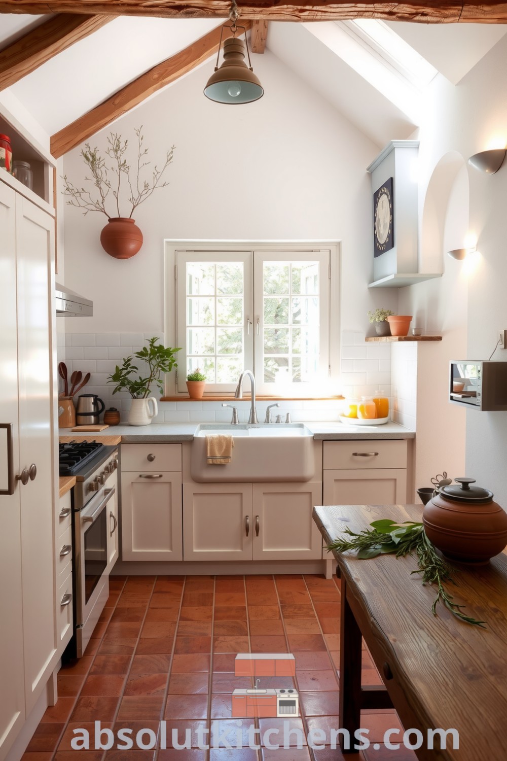 Cozy Mediterranean kitchen featuring white cabinetry, terracotta tiles, wooden beams, a farmhouse sink, and clay pots with herbs, creating an inviting atmosphere filled with the aroma of garlic and fresh tomatoes, perfect for inspiring decor ideas for your home. Visit absolutkitchens.com.