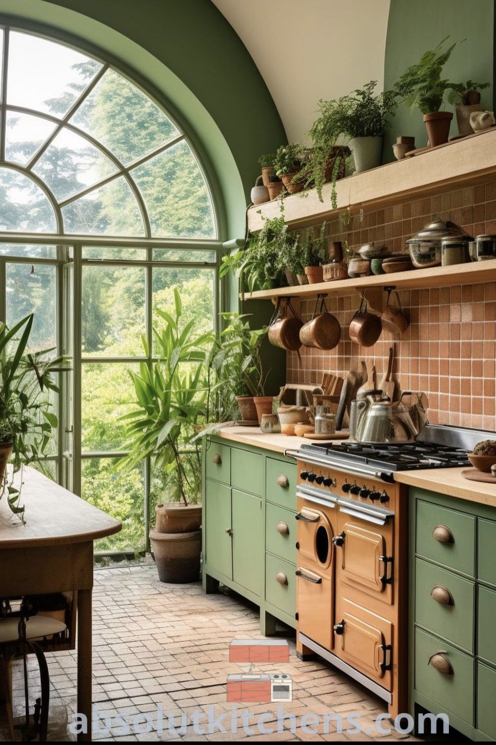 A cozy dark green kitchen showcasing lots of pots and pans, featuring stylish green cabinets and boho decor elements. This kitchen design embodies the perfect blend of functionality and aesthetic charm, offering inspiring ideas for house or apartment. Discover delightful decor ideas for small spaces at absolutkitchens.com.