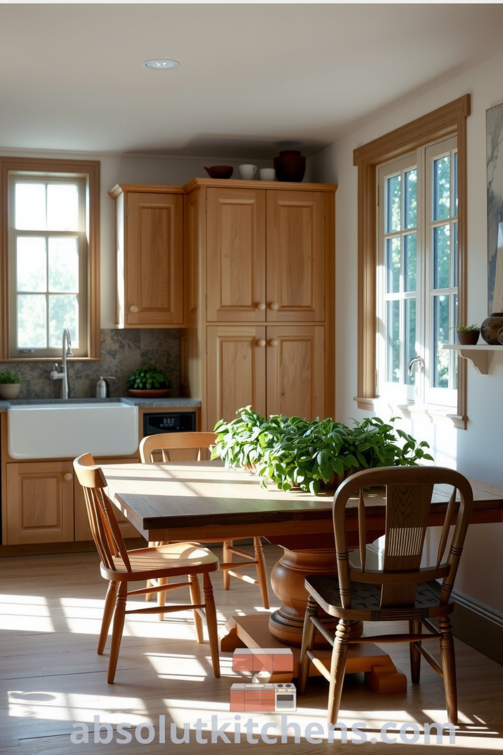 Cozy nature-inspired kitchen featuring light oak cabinets, stone countertops, large paned windows, vibrant potted herbs, and a chunky wooden table surrounded by mismatched chairs, creating a welcoming and functional space. Visit absolutkitchens.com for inspiring decor ideas.