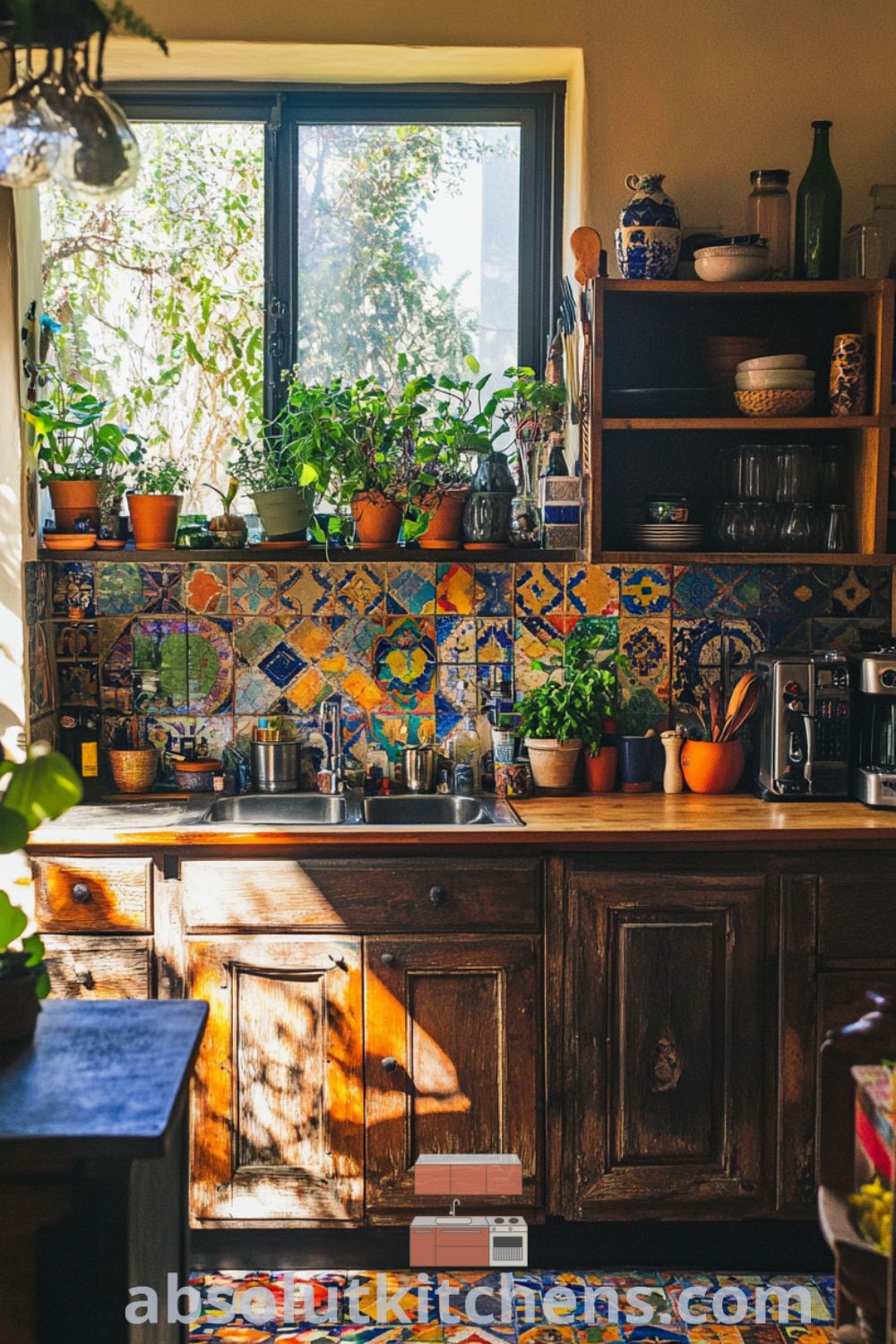 Bohemian Kitchen scene on absolutkitchens.com featuring vibrant tiles, cozy kitchen decor, and inviting design tips for small kitchens.