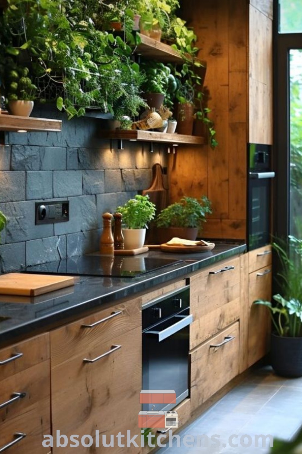 A small kitchen filled with green plants showcasing cozy aesthetic vibes, enhancing small apartment interior design. The kitchen shelf decor is beautifully arranged with herbs and decorative pots, offering design trends and decorating ideas for urban living. Find more kitchen inspiration at absolutkitchens.com.