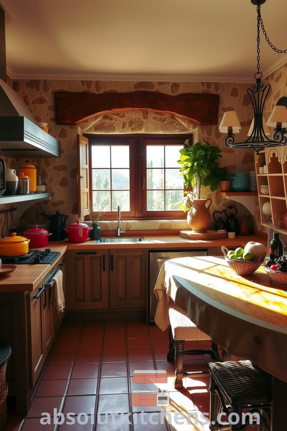 Cozy Mediterranean kitchen with earthy tones, sunlit stone walls, wooden cabinets full of colorful pots, and a large wooden table, highlighting inviting decor ideas that inspire warmth and togetherness. Visit absolutkitchens.com for more cozy ideas and inspirations for your home.