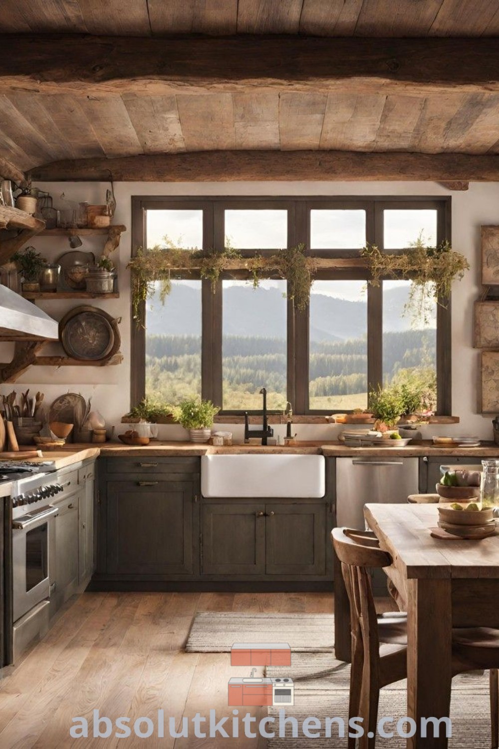 A rustic Earthship kitchen with wood floors and wooden walls, featuring open windows overlooking the countryside. This design incorporates elements of Mediterranean and Tuscan kitchen decor, from cozy cabinetry to inviting kitchen island decor, offering functional ideas for a stylish home. Explore more inspiring decor ideas at absolutkitchens.com.