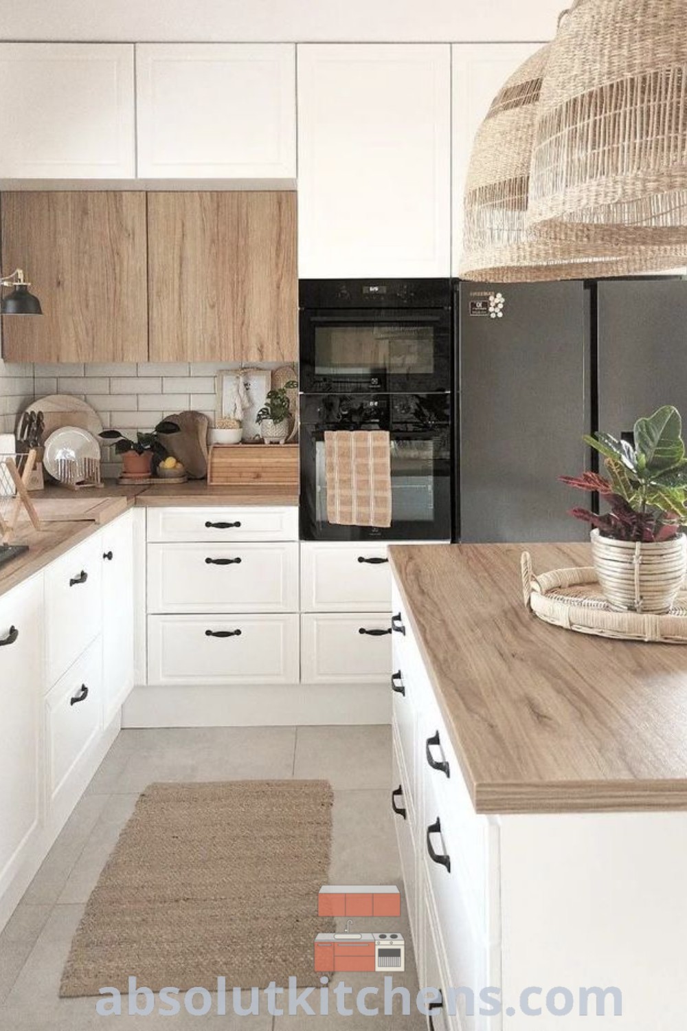 A modern luxury kitchen with white cabinets and wooden countertops, showcasing a beautifully designed interior with functional elements and inviting aesthetics. Explore unique kitchen design ideas and inspirations for your home at wellnesswink.com.