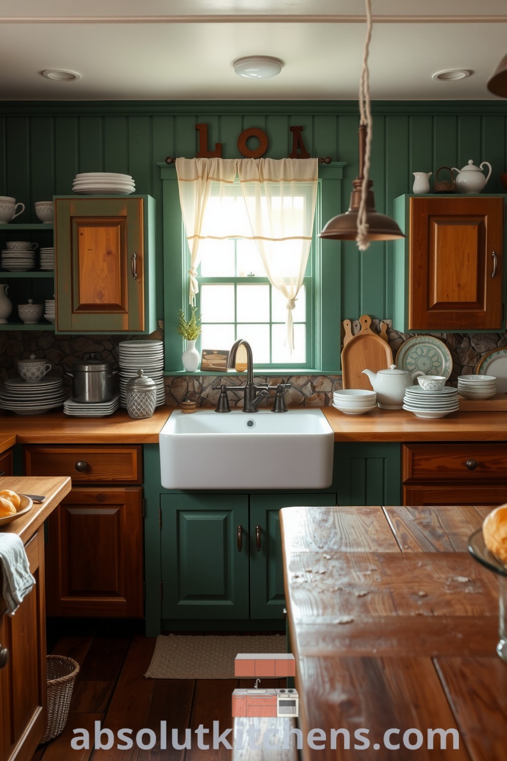 Cozy farmhouse kitchen featuring weathered wooden cabinets, mismatched dishware, a sturdy white farm sink, and a textured stone backsplash, creating a warm and inviting atmosphere. Discover unique ideas for your home at absolutkitchens.com.