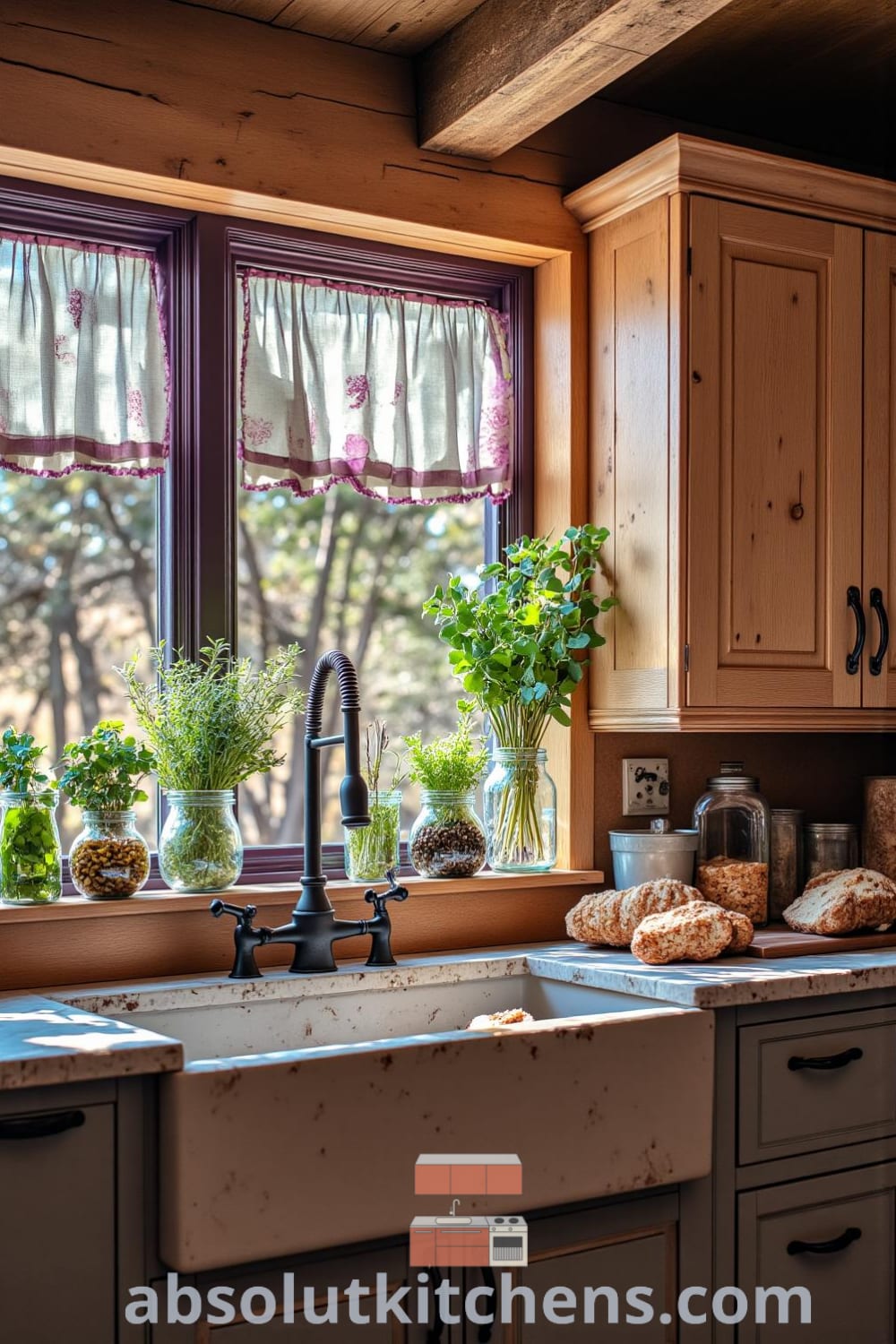 A cozy rustic kitchen with warm purple hues, weathered wooden cabinetry, a farmhouse sink under a window, and mason jars of herbs, creating inviting decor ideas for your home at fireplacesandwoodstoves.com.