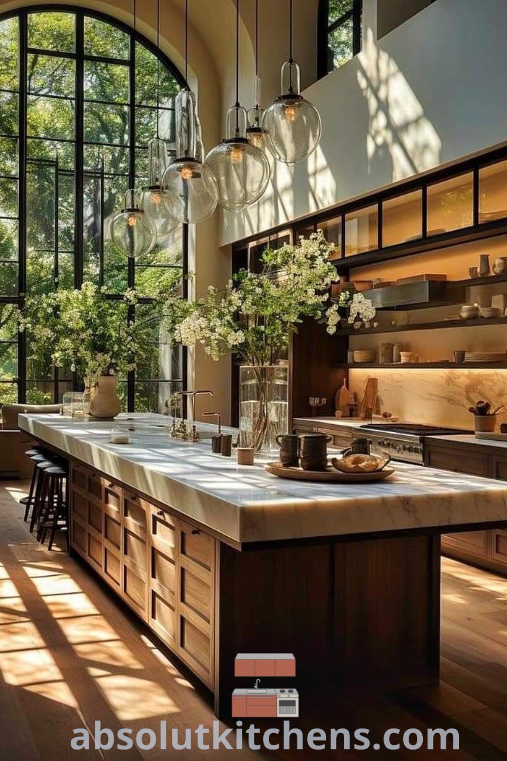 A large modern kitchen with lots of counter space, big windows, and a double island layout, showcasing stylish home interior design. This bright and functional space features design tips and ideas you need to see for your house or apartment. Explore more decor ideas at absolutkitchens.com.