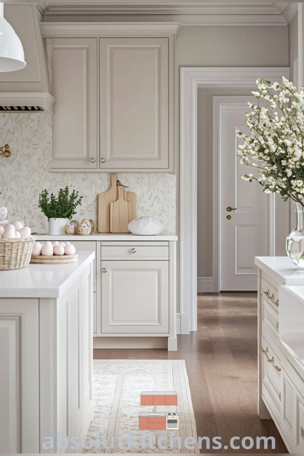 A bright and spacious white kitchen with a large window over the sink, ample counter space, and flowers in vases on the island, showcasing a Nancy Meyers aesthetic and elegant kitchen design. Explore more ideas for your home at absolutkitchens.com.