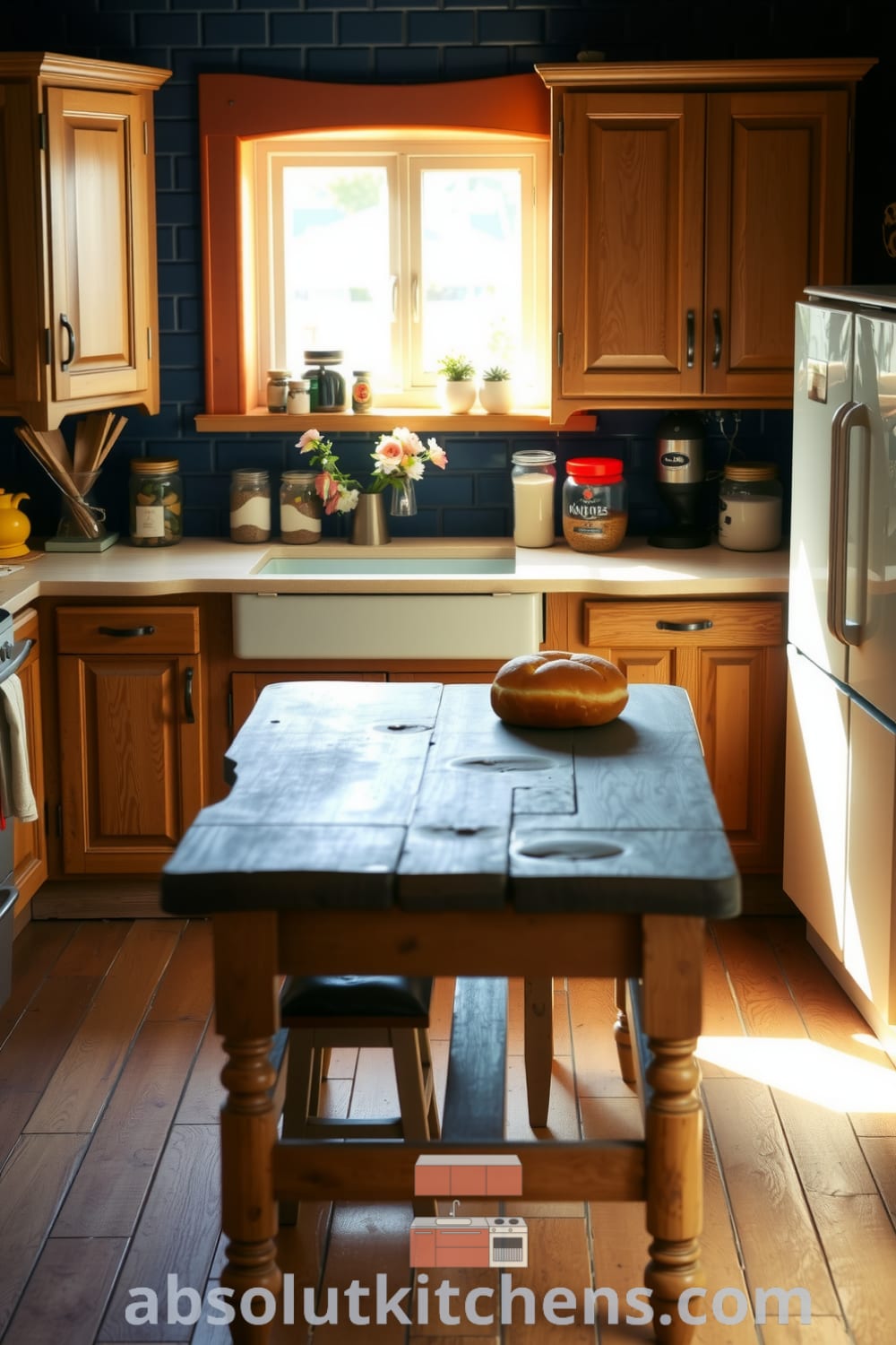 Cozy rustic kitchen design featuring textured oak cabinets, a blue backsplash, and a warm wooden countertop adorned with spices and flowers, creating an inviting atmosphere perfect for family meals and cherished memories. Visit fireplacesandwoodstoves.com for more cozy home decor inspirations.
