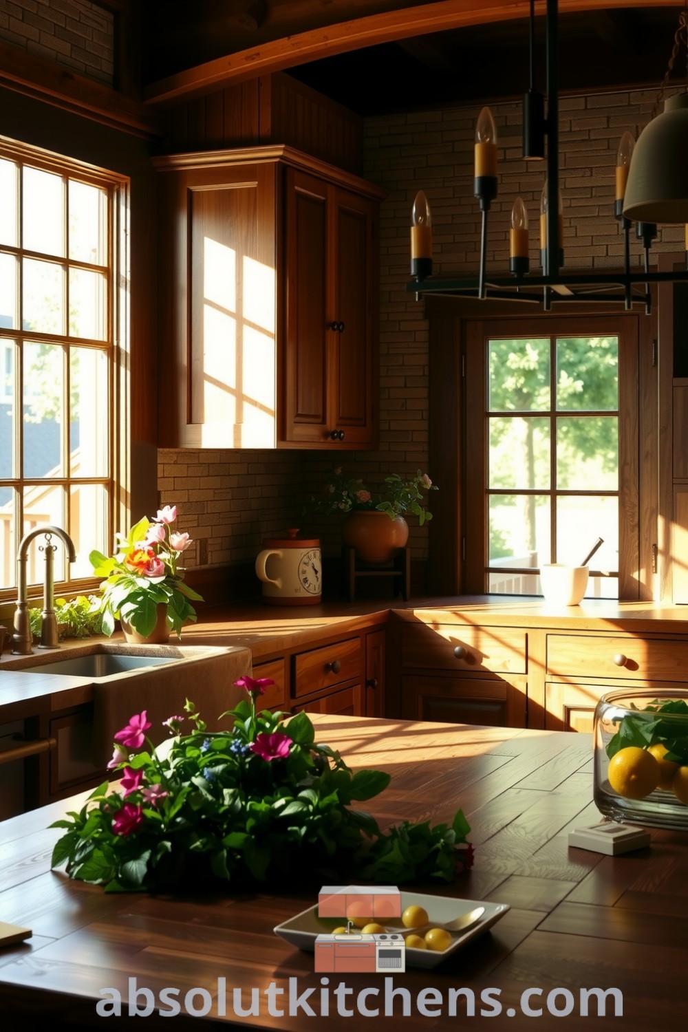 Cozy nature-inspired kitchen with large windows, reclaimed wood cabinetry, stone backsplash, rustic farmhouse table, and potted herbs, offering design ideas for warm and inviting spaces. Visit absolutkitchens.com for more inspiring decor ideas.