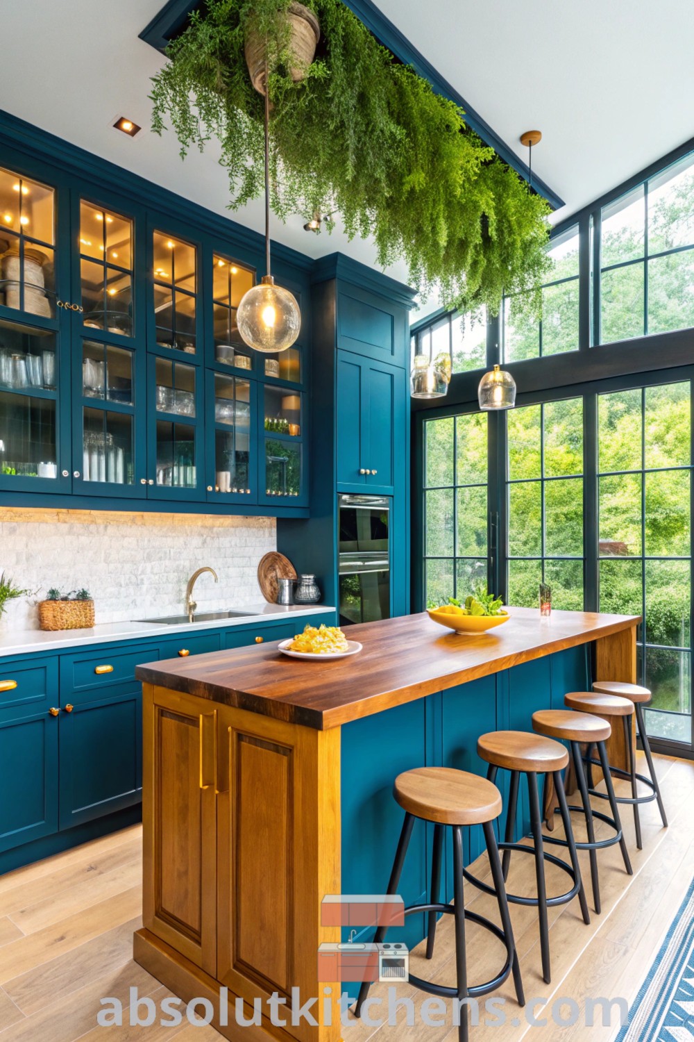 An eclectic kitchen with blue cabinets, wooden countertops, and matching bar stools on hardwood flooring exemplifying modern tropical style. Discover design tips and cozy aesthetic decor ideas for house or apartment at absolutkitchens.com.