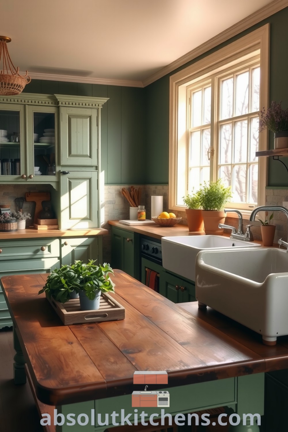 Cozy nature-inspired kitchen featuring wooden cabinets, stone accents, sunlight filtering through a large window, rustic farmhouse table, and potted herbs, perfect for creating a warm and inviting atmosphere. Visit absolutkitchens.com for inspiring decor ideas.
