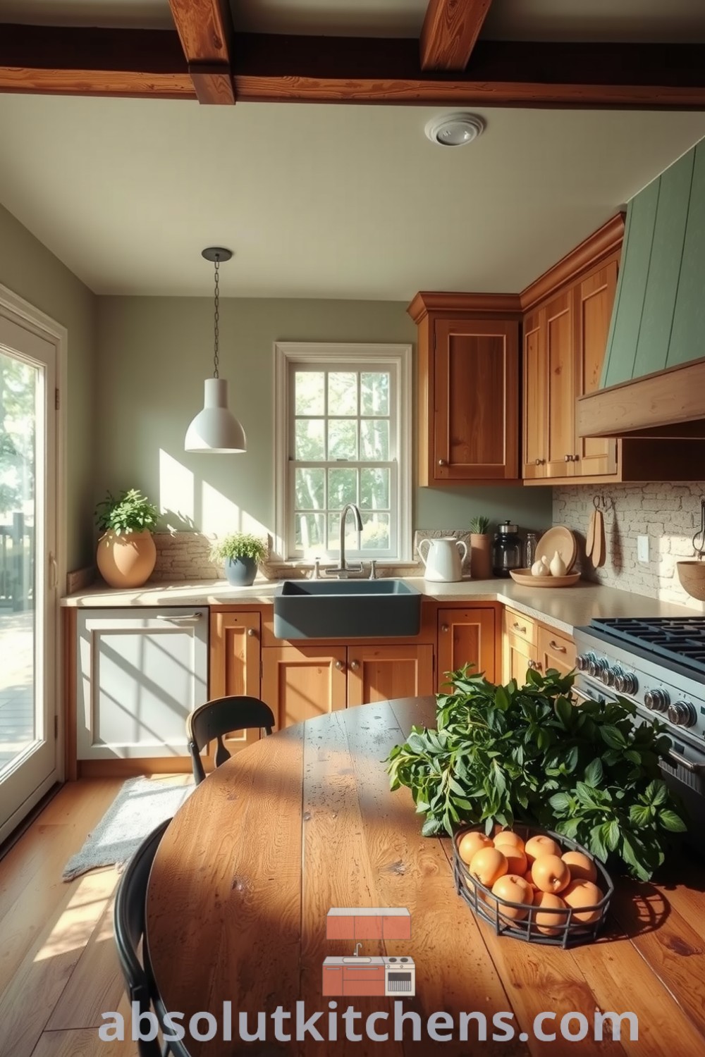 Cozy nature-inspired kitchen with soft green walls, wooden cabinets, and a stone backsplash, featuring a vibrant array of fresh herbs and dappled sunlight across textured countertops, showcasing design ideas for a warm and inviting home on absolutkitchens.com.