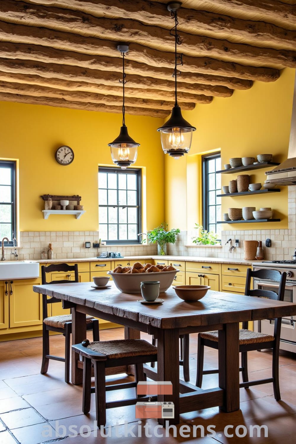 Rustic kitchen with yellow accents, weathered wood beams, and a sturdy farmhouse table surrounded by mismatched chairs, featuring open shelves with ceramic bowls, offering cozy ideas for home decor inspirations at fireplacesandwoodstoves.com.