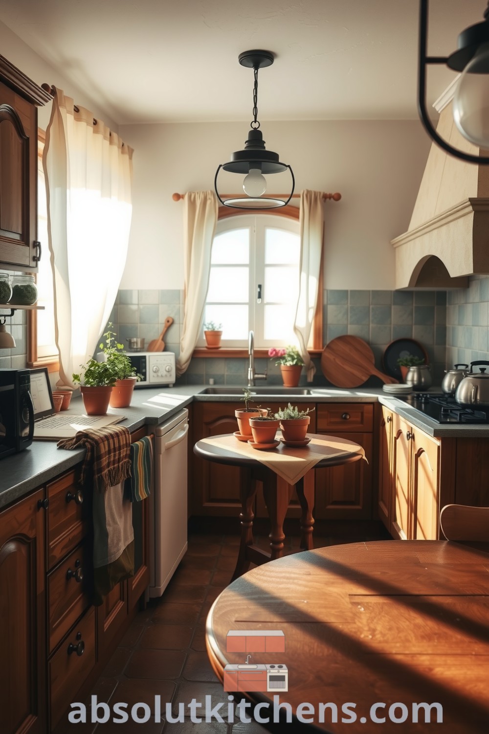 Cozy Mediterranean kitchen featuring rustic wood cabinetry, stone countertops, terracotta pots with vibrant herbs, and a large round wooden table, creating an inviting atmosphere perfect for family gatherings, as seen on absolutkitchens.com.