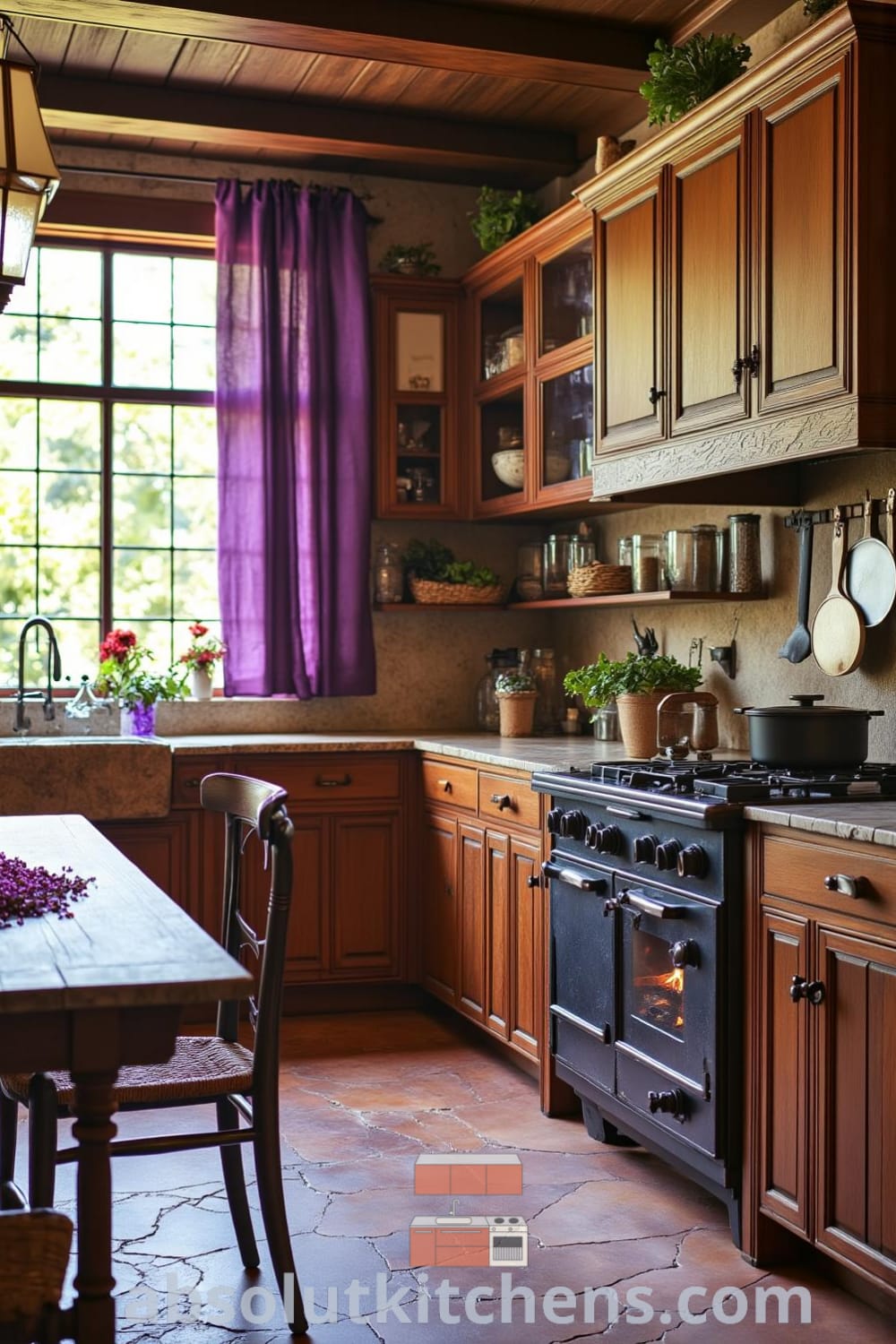 Rustic kitchen with wooden cabinetry, rich purple accents, a stone countertop, well-loved cooking utensils, and a crackling cast-iron stove, creating a cozy home atmosphere filled with inviting scents and decor inspirations from fireplacesandwoodstoves.com.