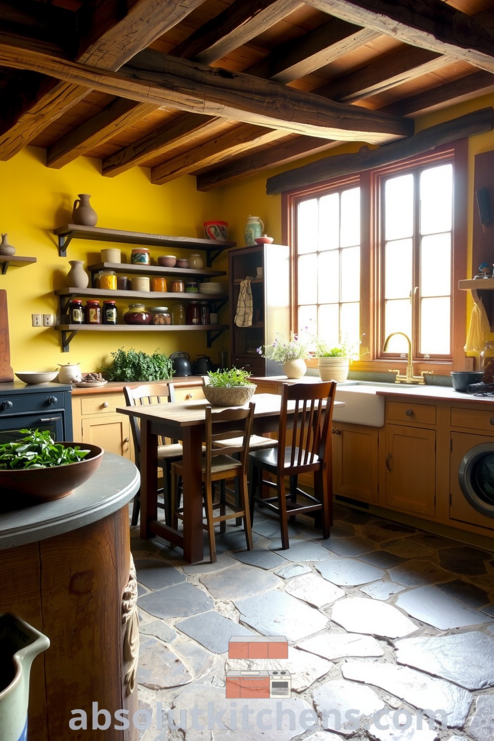 Cozy rustic kitchen with yellow hues, weathered wooden beams, mismatched chairs, hand-thrown pottery, and a farmhouse sink brimming with fresh herbs, representing warm design ideas for your home at absolutkitchens.com.