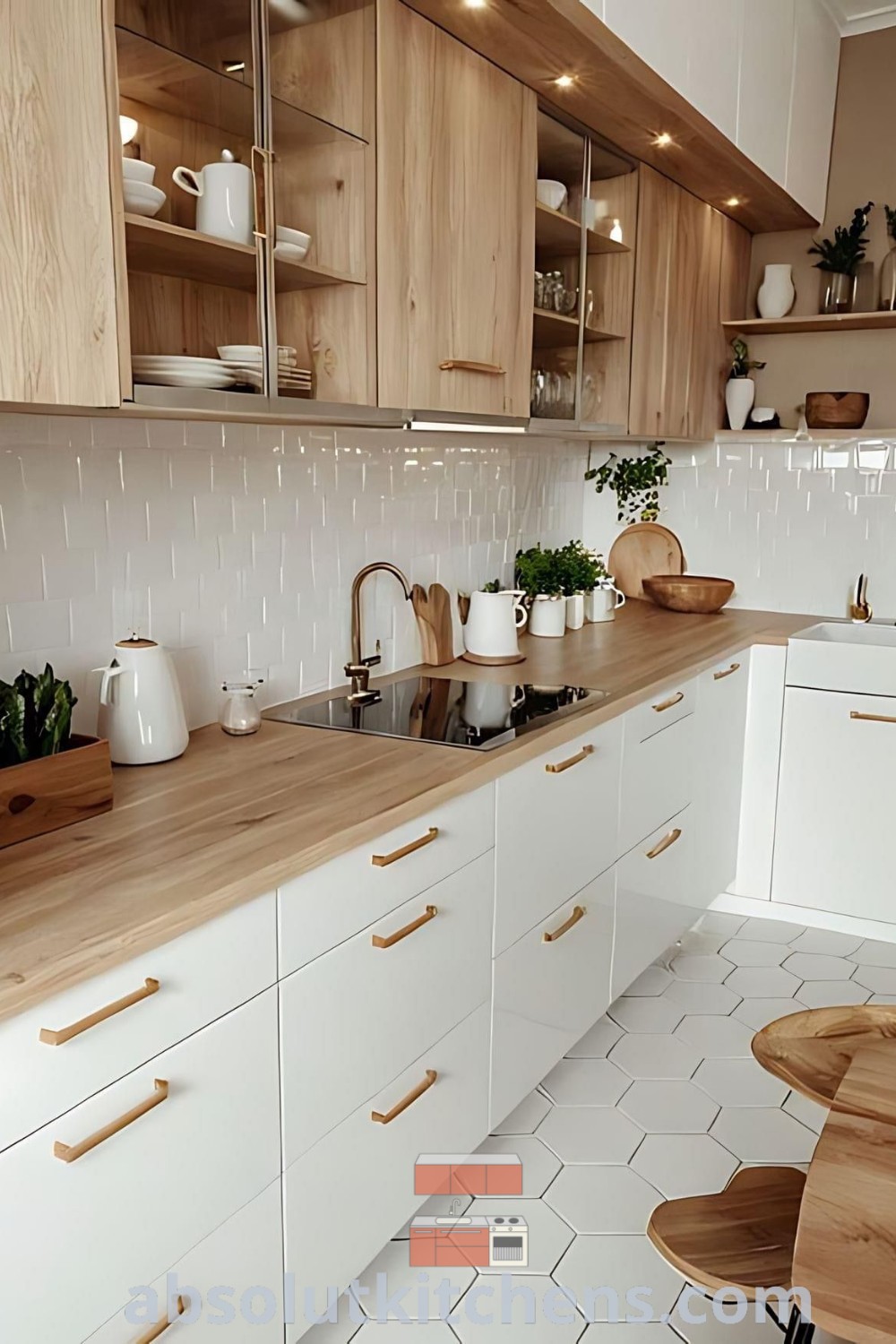 A modern kitchen with white cabinets, wooden countertops, and potted plants on the shelves, showcasing a cozy and inspiring design. Discover unique kitchen design ideas and decor inspirations for your home at wellnesswink.com.