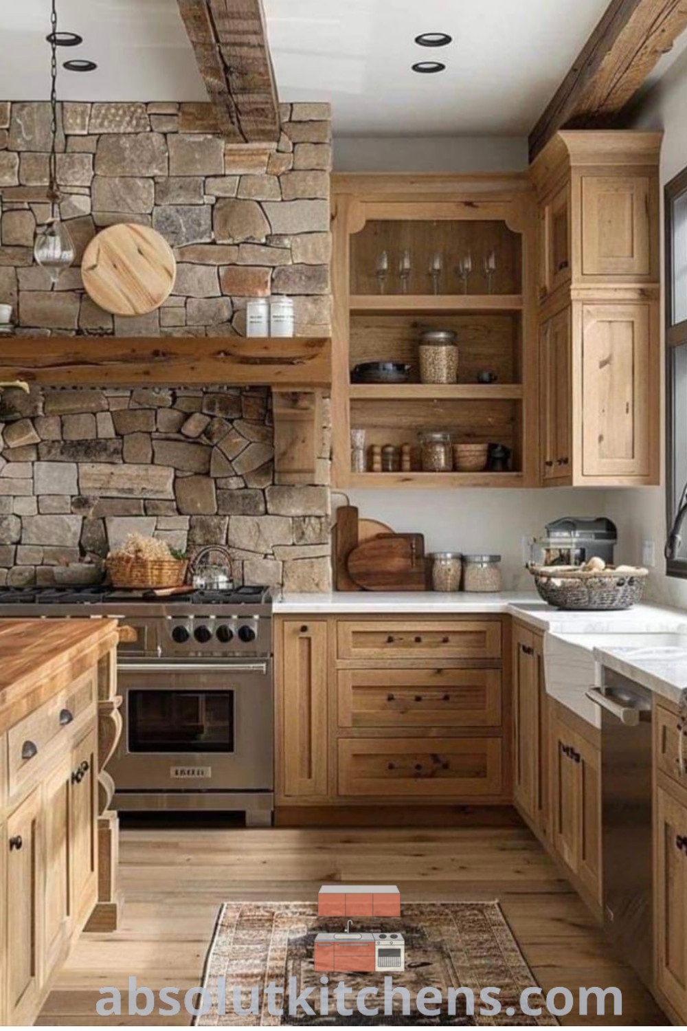 A rustic kitchen featuring stone walls, wooden cabinets, and cozy wood flooring, complemented by an area rug, showcasing farmhouse kitchen design inspiration. Explore unique rustic kitchen decor ideas and trends at absolutkitchens.com.