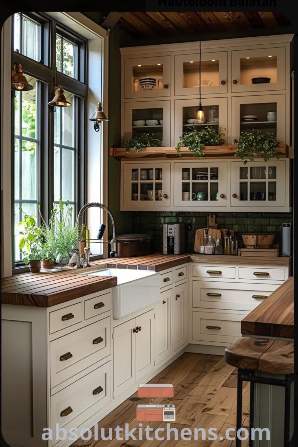 A farmhouse kitchen filled with lots of white cabinets and wooden countertops next to a window, exuding rustic charm and modern farmhouse design. This cozy kitchen offers inspiring decor ideas for house or apartment, making it a perfect space for cooking and entertaining. Find more at absolutkitchens.com.