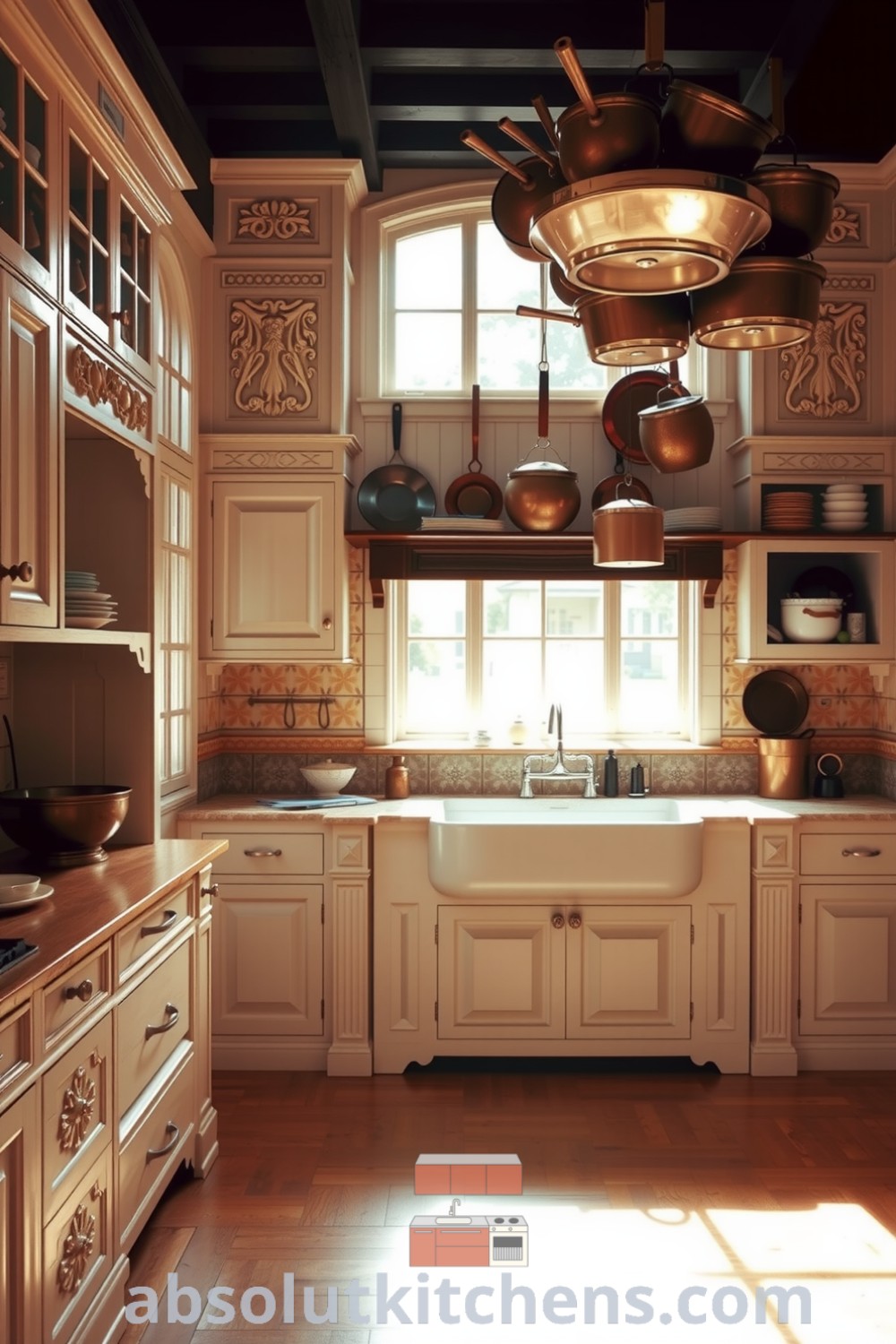 Cozy Victorian kitchen featuring intricately carved white cabinetry, polished wooden countertops, a farmhouse sink, and hanging copper pots, creating an inviting and nostalgic atmosphere. Perfect design ideas for your home at absolutkitchens.com.