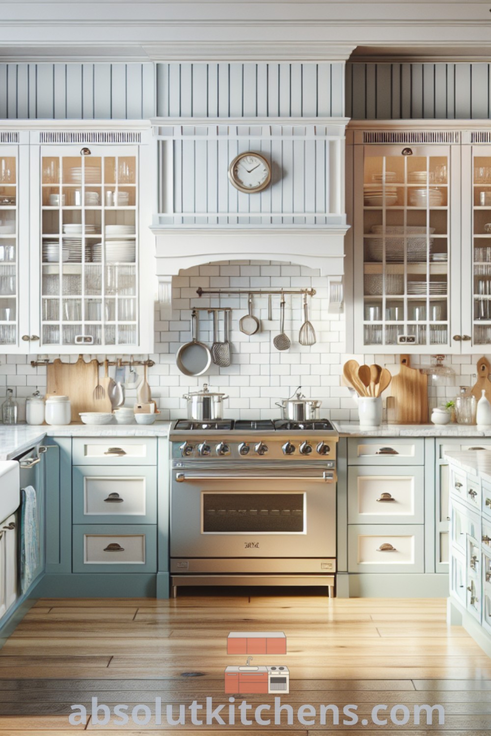 A vintage modern kitchen showcasing a porcelain farmhouse sink, pastel painted cabinets, and polished nickel fixtures alongside sleek quartz countertops and stainless steel appliances. This inviting space blends timeless decor ideas with a cozy aesthetic, offering inspiration for kitchen remodels. Discover more ideas and design tips at absolutkitchens.com.