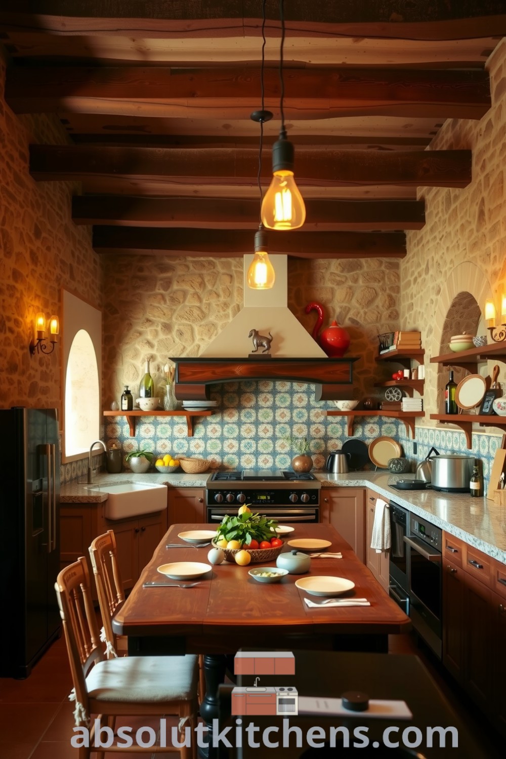 Cozy Mediterranean kitchen featuring warm brown tones, textured stone walls, hand-painted tiles, wooden beams, and a sturdy wooden table, creating an inviting atmosphere perfect for gatherings and delicious meals. Visit absolutkitchens.com for unique design ideas and inspirations.