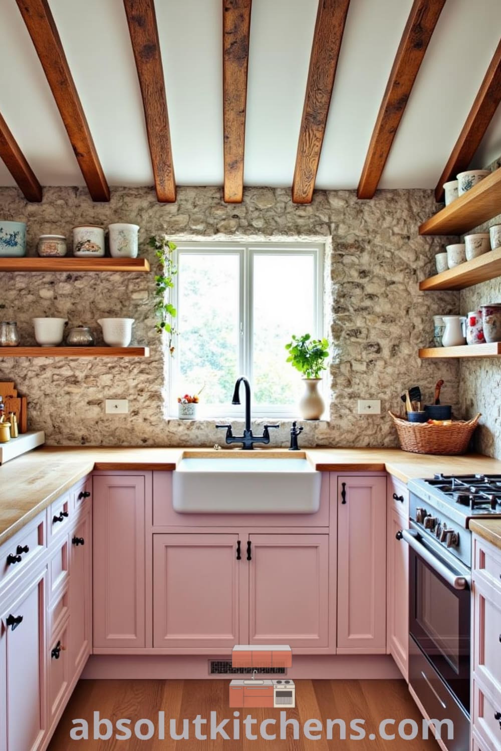 Cozy rustic kitchen with soft pink tones, exposed wooden beams, a textured butcher block countertop, and a classic farmhouse sink, featuring mismatched ceramic dishes, creating a warm and inviting atmosphere, perfect for inspiration for your home at fireplacesandwoodstoves.com.