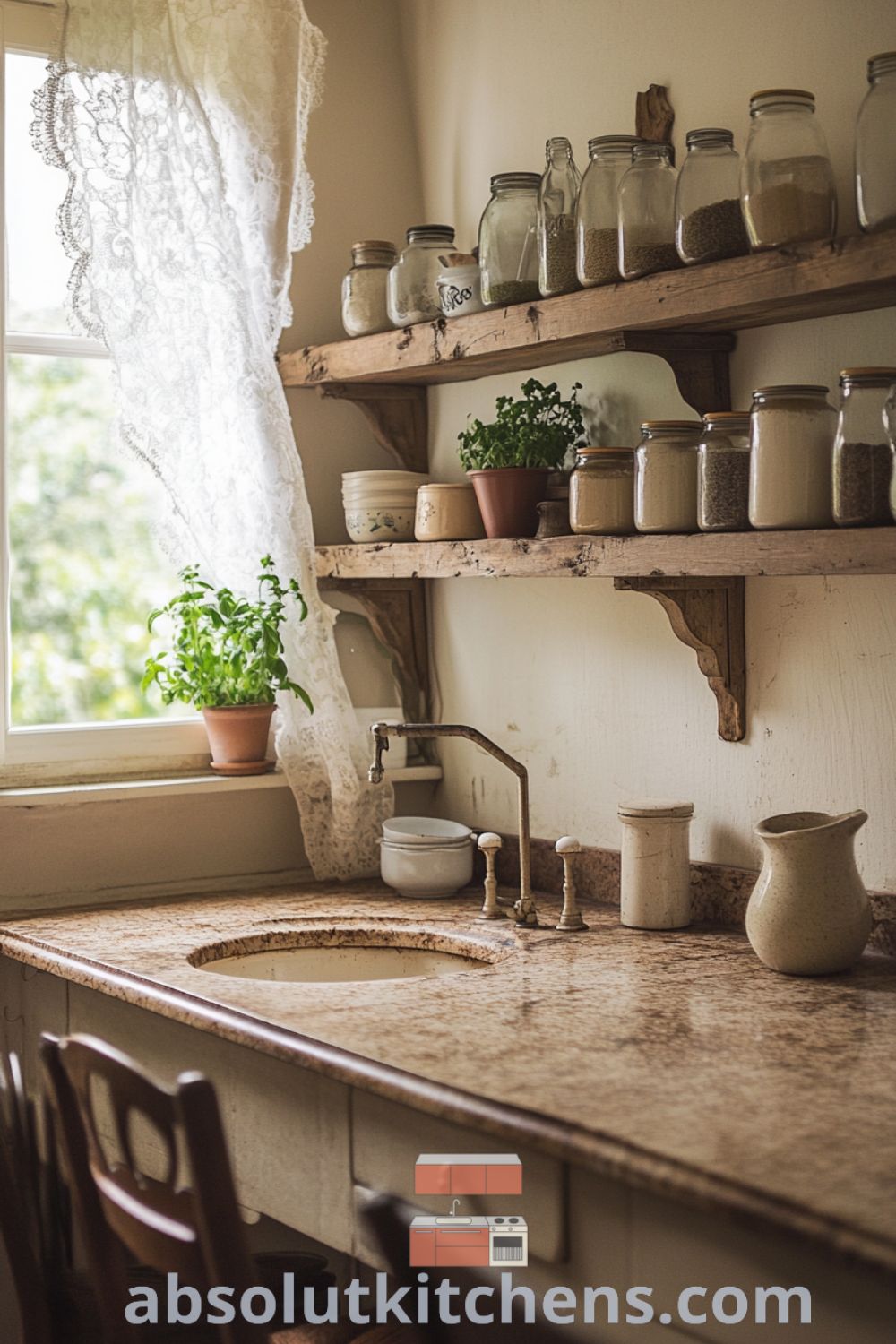 Vintage French kitchen scene on absolutkitchens.com featuring cozy aesthetics, design tips for house or apartment, and decor ideas for small spaces.