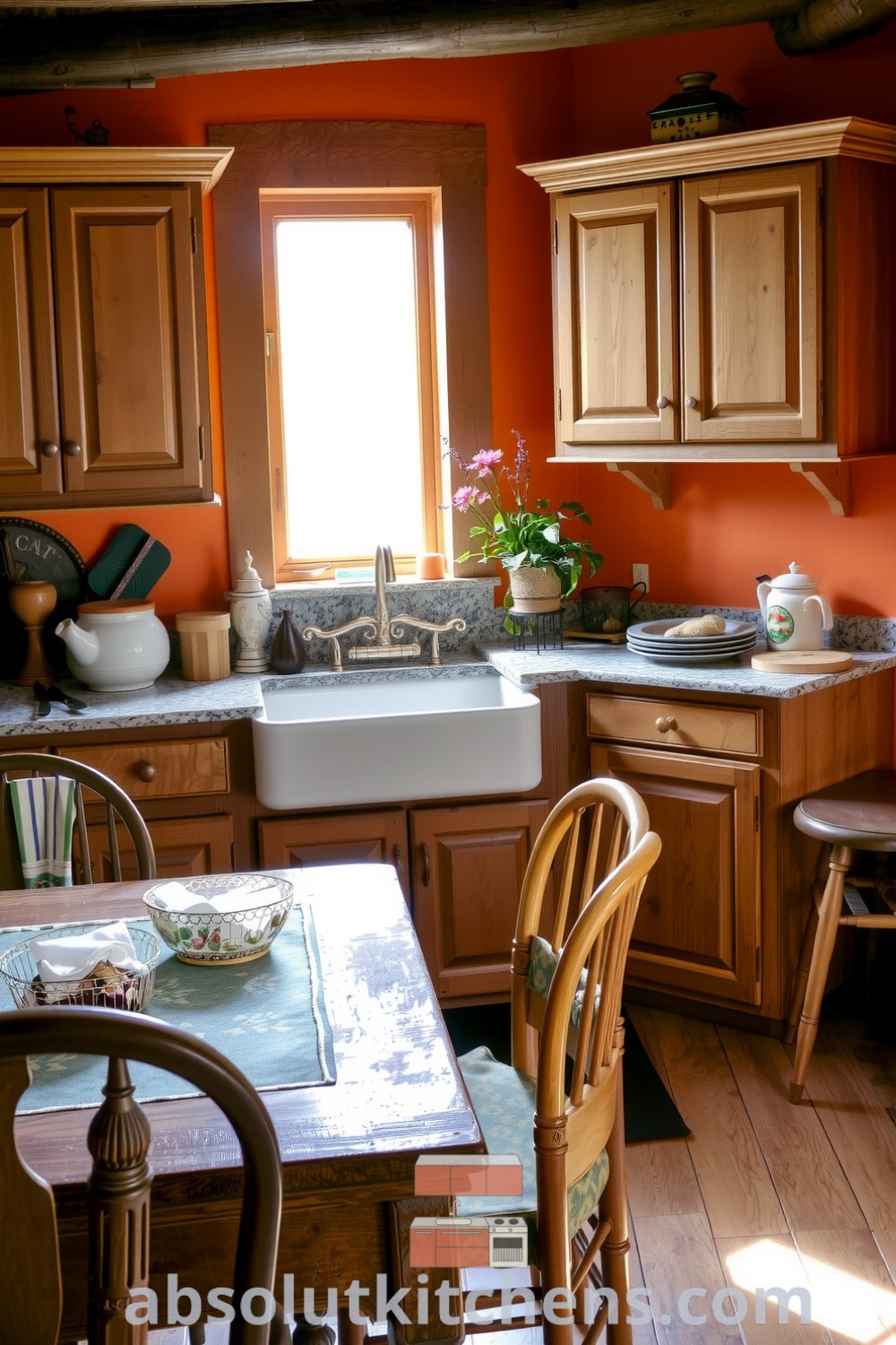 Cozy farmhouse kitchen featuring warm orange walls, rustic wooden cabinets, a large farmhouse sink under a sunny window, a rough granite countertop, and an old wooden table surrounded by mismatched chairs, creating an inviting and lived-in atmosphere for family meals. Visit absolutkitchens.com for more cozy home design ideas.