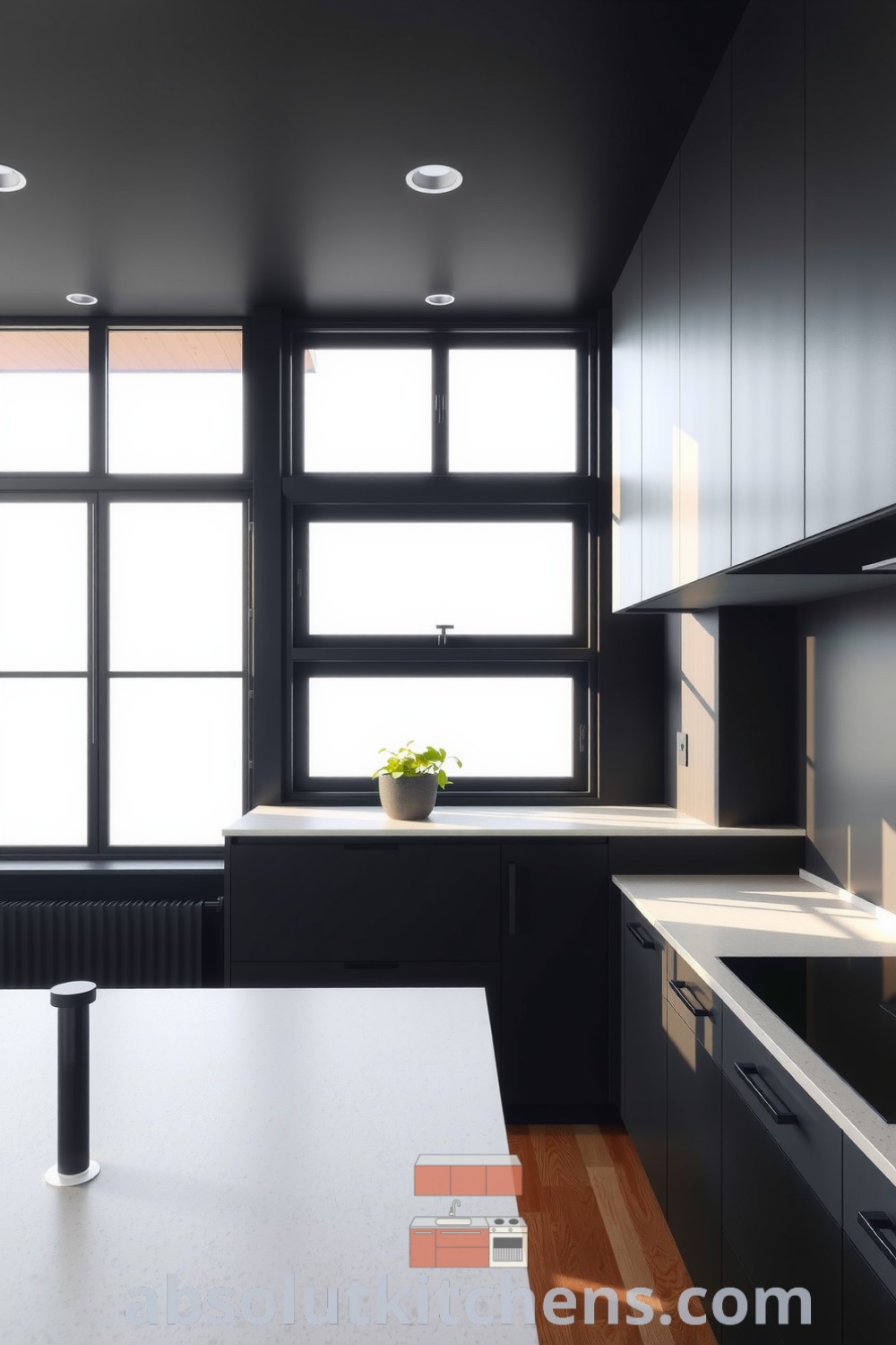 Modern minimalist kitchen featuring a black color palette, pale stone countertops, wooden cabinetry, and natural light, showcasing cozy home decor ideas and design inspirations from fireplacesandwoodstoves.com.