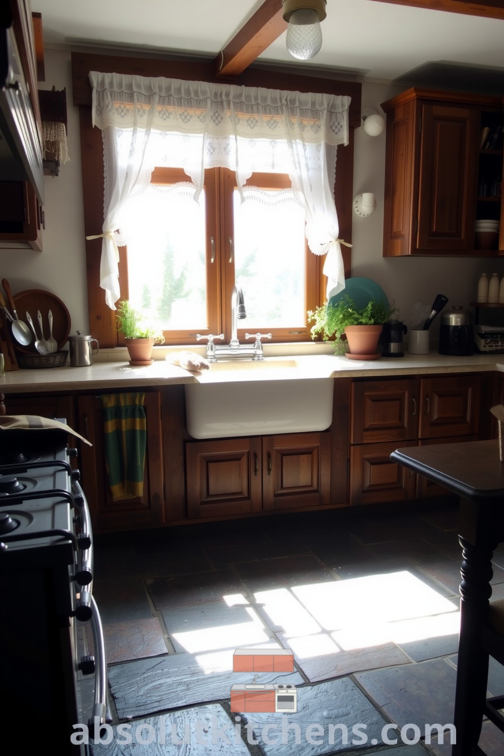 Cozy farmhouse kitchen featuring weathered wood cabinets, inviting countertop, cast-iron sink, and pots of herbs, creating a warm atmosphere perfect for family meals and shared memories. Visit absolutkitchens.com for more cozy decor ideas.