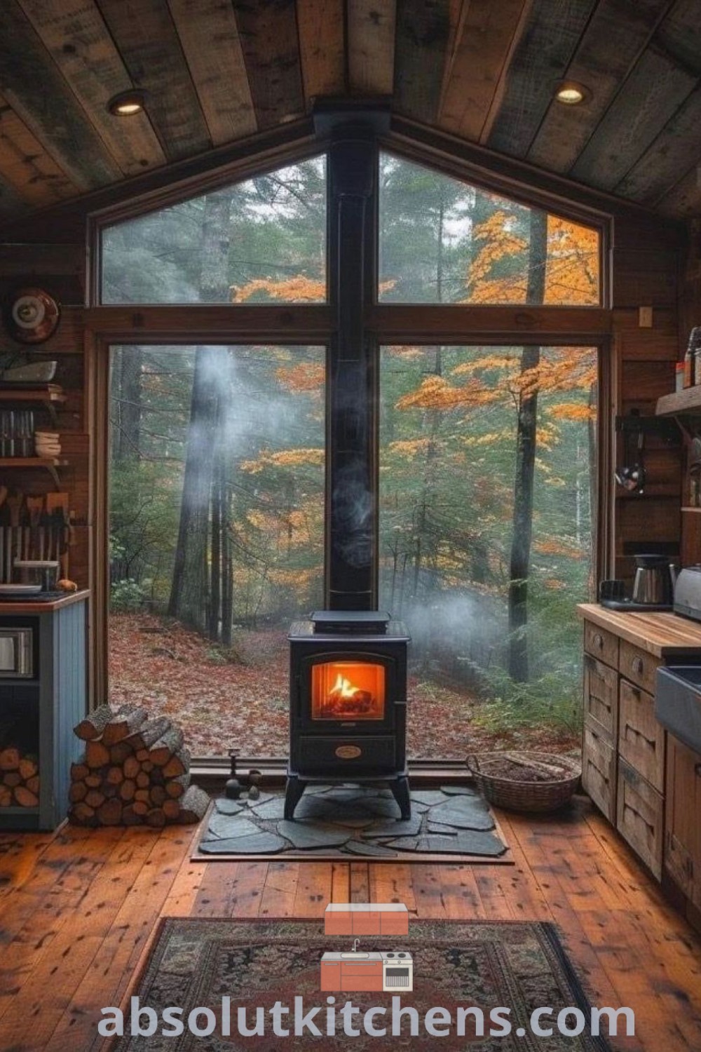 A wooden cabin interior showcasing a wood burning stove, embodying the cozy aesthetic of small cabins. Perfect for inspiring design tips for tiny houses and mountain cabins, this scene highlights decor ideas that enhance cabin life and create a warm atmosphere. Find more captivating ideas at absolutkitchens.com.