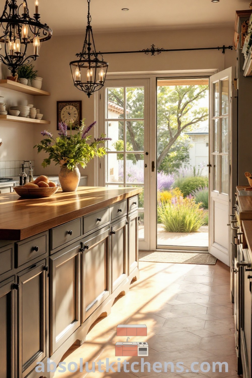 A charming French Provence kitchen filled with rustic antique elements, emphasizing farmhouse style and cozy aesthetics. This inspiring space showcases design trends for country kitchen ideas and French cottage decor, perfect for those looking to build a dream home. Discover more decor ideas at absolutkitchens.com.