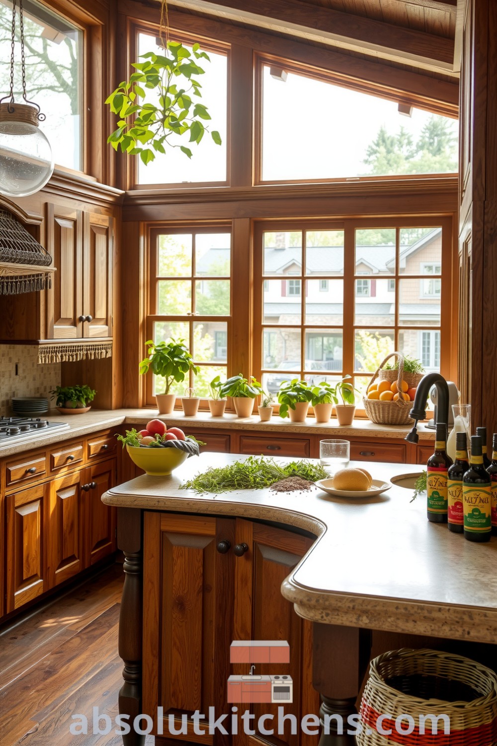 Nature-inspired kitchen with sun-dappled light filtering through large windows, showcasing warm oak cabinetry, rustic stone countertops, potted herbs, and colorful fruits, creating a cozy aesthetic and inspiring decor ideas for your home at absolutkitchens.com.