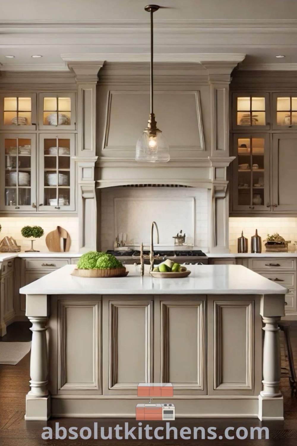 A cozy kitchen featuring taupe and beige cabinets with dark wood flooring, showcasing greige kitchens and dark floor ideas. This inviting space highlights contemporary design tips for a perfect balance of style and functionality. Explore more inspiring ideas at absolutkitchens.com.