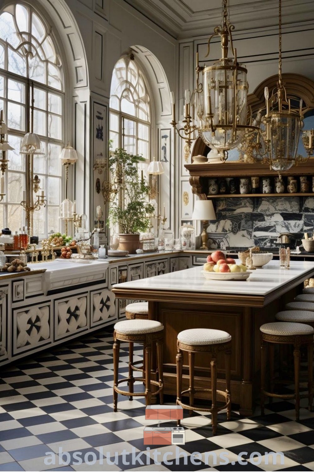 A vintage kitchen showcasing black and white checkerboard flooring, chandelier lighting, and classic cabinetry, embodying elements of Victorian style and French contemporary interior design. Ideal for cozy aesthetics and decor ideas, this kitchen inspires timeless design trends. Explore more inspirations at absolutkitchens.com.