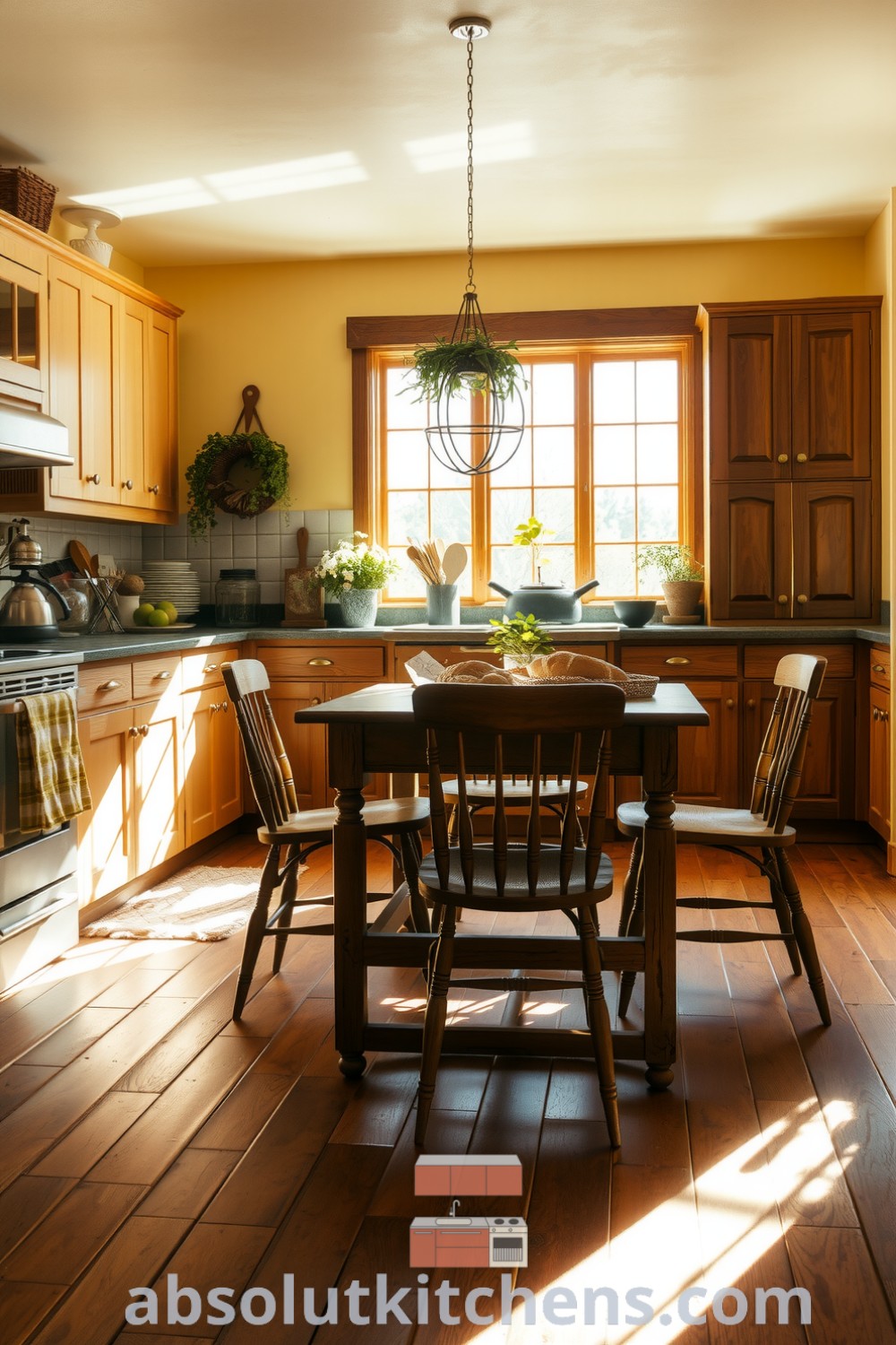 Cozy yellow farmhouse kitchen with sunlight streaming through a large window, featuring rustic wooden floors, warm hues, mahogany cabinetry, and mismatched chairs, ideal for inspired decor ideas and a welcoming atmosphere. Visit absolutkitchens.com for more design inspirations.