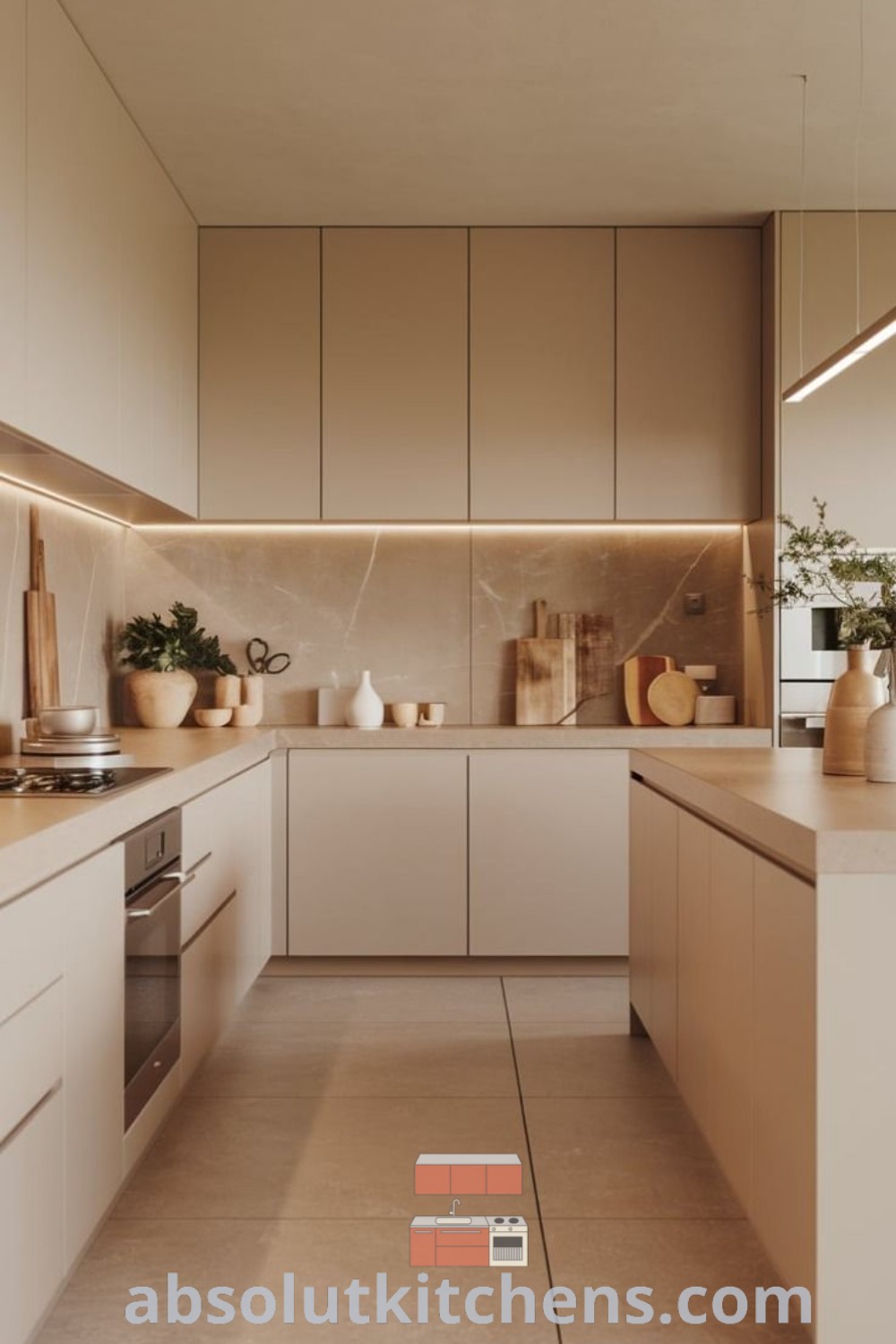 A modern kitchen featuring stylish wooden cabinets and white chairs, showcasing innovative kitchen interior design decor ideas that promote a cozy home vibe. This inviting space offers design inspirations for your kitchen, with optimal functionality in mind. Discover more ideas at wellnesswink.com.