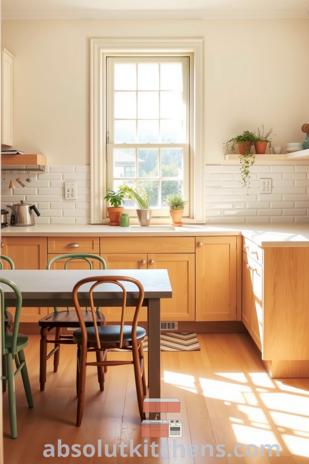 Cozy minimalist kitchen featuring warm yellow hues, pale wood cabinetry, and a sturdy central table surrounded by mismatched chairs, with potted herbs on the windowsill, representing cozy ideas and decor inspirations for your home, showcasing unique ideas for comforting and inviting kitchen designs at fireplacesandwoodstoves.com.