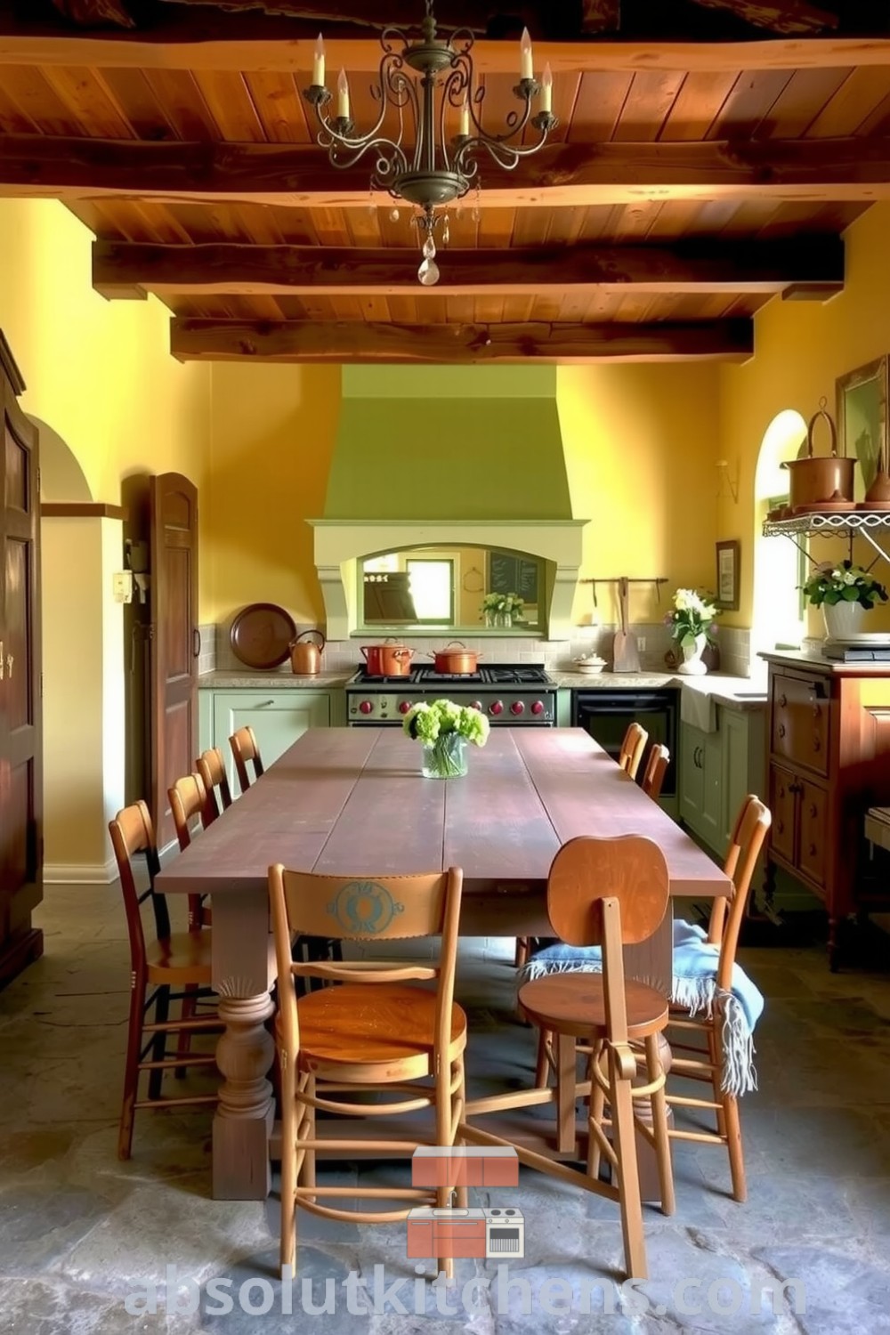 Cozy French kitchen with yellow walls and wooden beams featuring a farmhouse table, mismatched chairs, and copper pots, creating an inviting atmosphere perfect for home gatherings. Visit absolutkitchens.com for inspiring decor ideas and unique design tips.