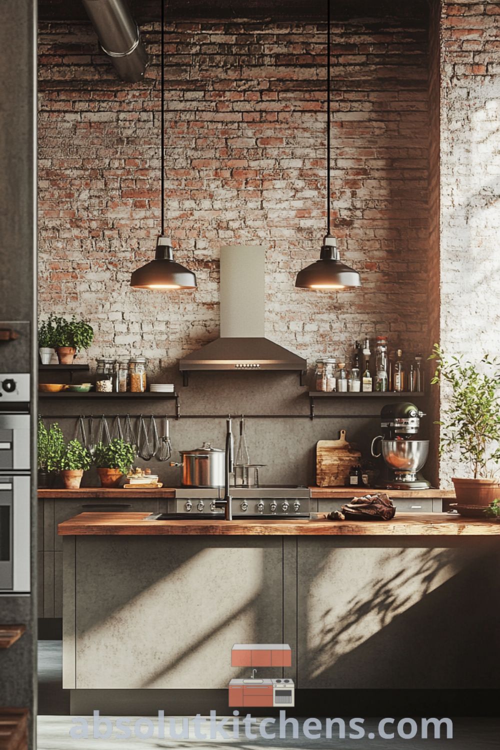 Urban loft kitchen scene on absolutkitchens.com featuring concrete walls, oversized wooden island, stainless steel appliances, and loft kitchen design ideas.