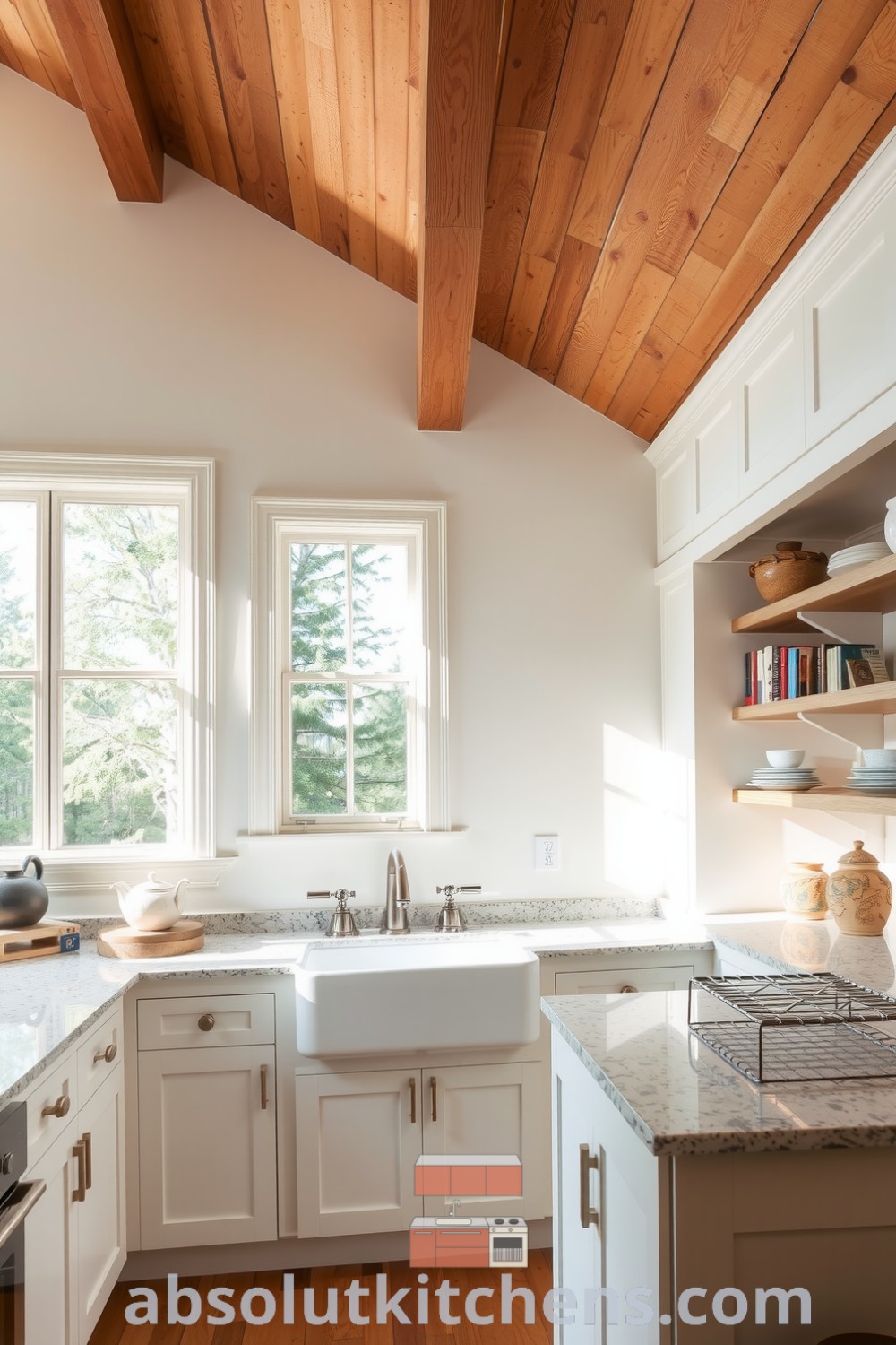 Cozy farmhouse kitchen featuring white cabinetry, rustic wooden beams, inviting farmhouse sink, textured granite countertops, open shelving with cookbooks and pottery, creating a warm and functional space. Visit absolutkitchens.com for inspiring decor ideas for your home.