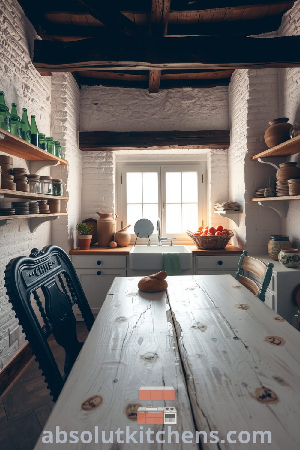 Cozy rustic kitchen design featuring textured stone walls, a weathered table, mismatched chairs, glass jars, and a vintage sink, creating an inviting atmosphere perfect for gatherings and baked bread, from fireplacesandwoodstoves.com.