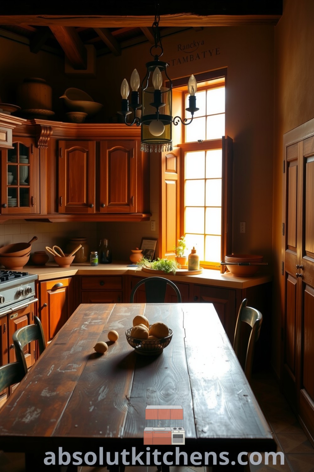 Cozy rustic kitchen with warm sunlight illuminating weathered wooden cabinets, a sturdy farmhouse table, mismatched chairs, and terracotta pots with flourishing herbs, offering cozy design ideas and inspirations for a homey atmosphere. Visit absolutkitchens.com for more decor ideas.