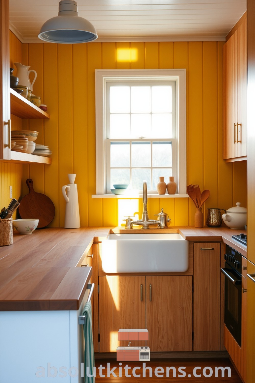 Cozy Scandinavian kitchen with yellow walls, light wood cabinetry, a stone countertop, and a farmhouse sink, featuring open shelves displaying ceramics and utensils, creating a warm and inviting atmosphere for culinary adventures. Visit fireplacesandwoodstoves.com for more inspiring decor ideas.