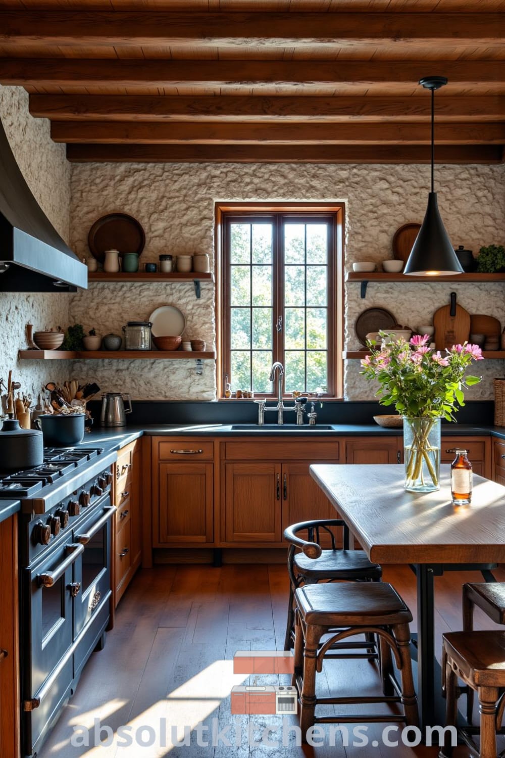 Rustic kitchen with weathered oak cabinets, rich black accents, a large cast-iron stove, and open shelves displaying mismatched dishware, illuminated by sunlight streaming through a window, creating a cozy home atmosphere. For more cozy ideas, visit fireplacesandwoodstoves.com.